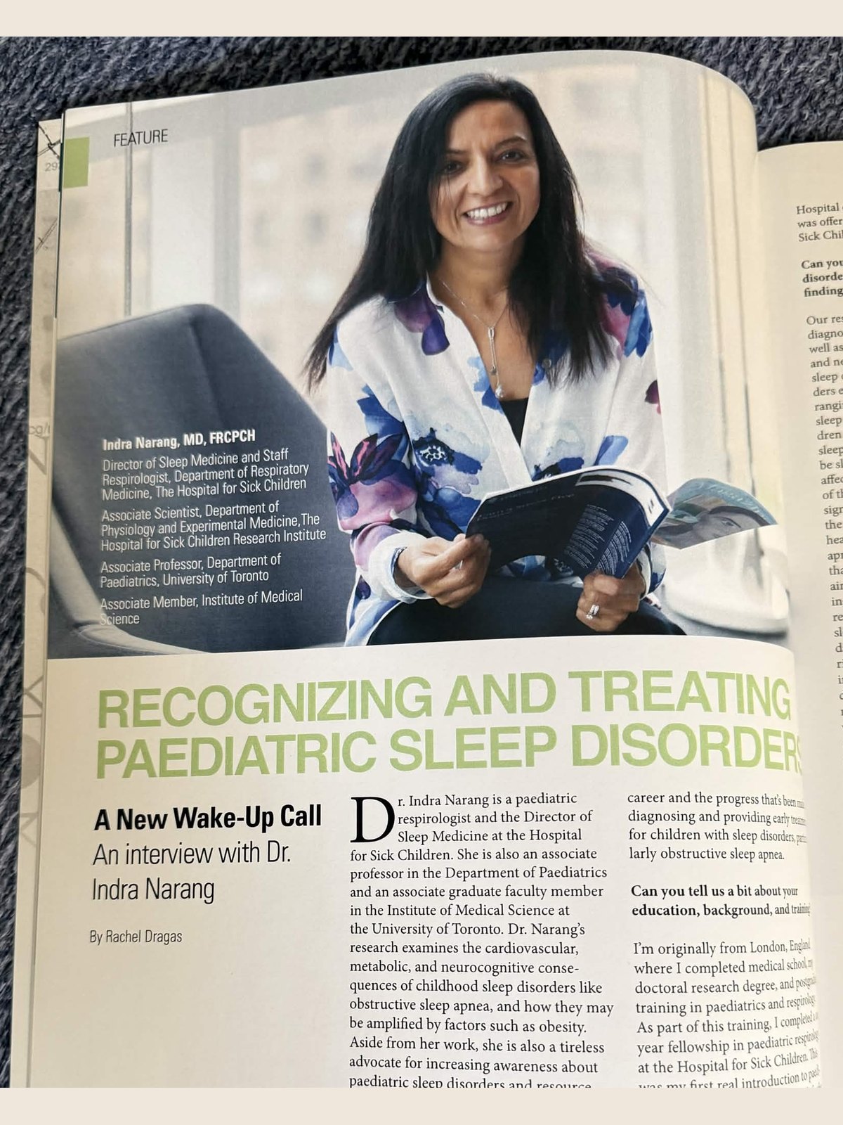 IMS Magazine feature interview by Rachel Dragas with Dr. Indra Narang on paediatric sleep disorders