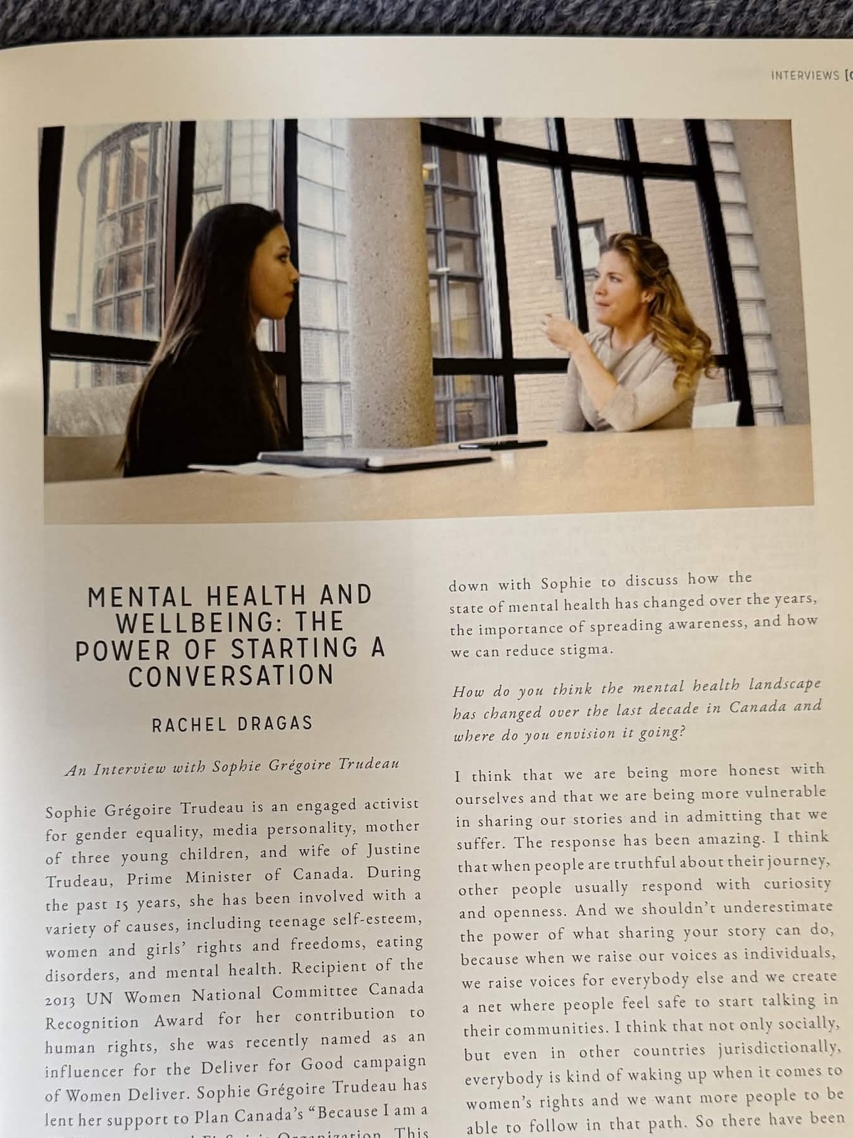 Rachel Dragas interview with Sophie Gregoire Trudeau published in Elemental Magazine