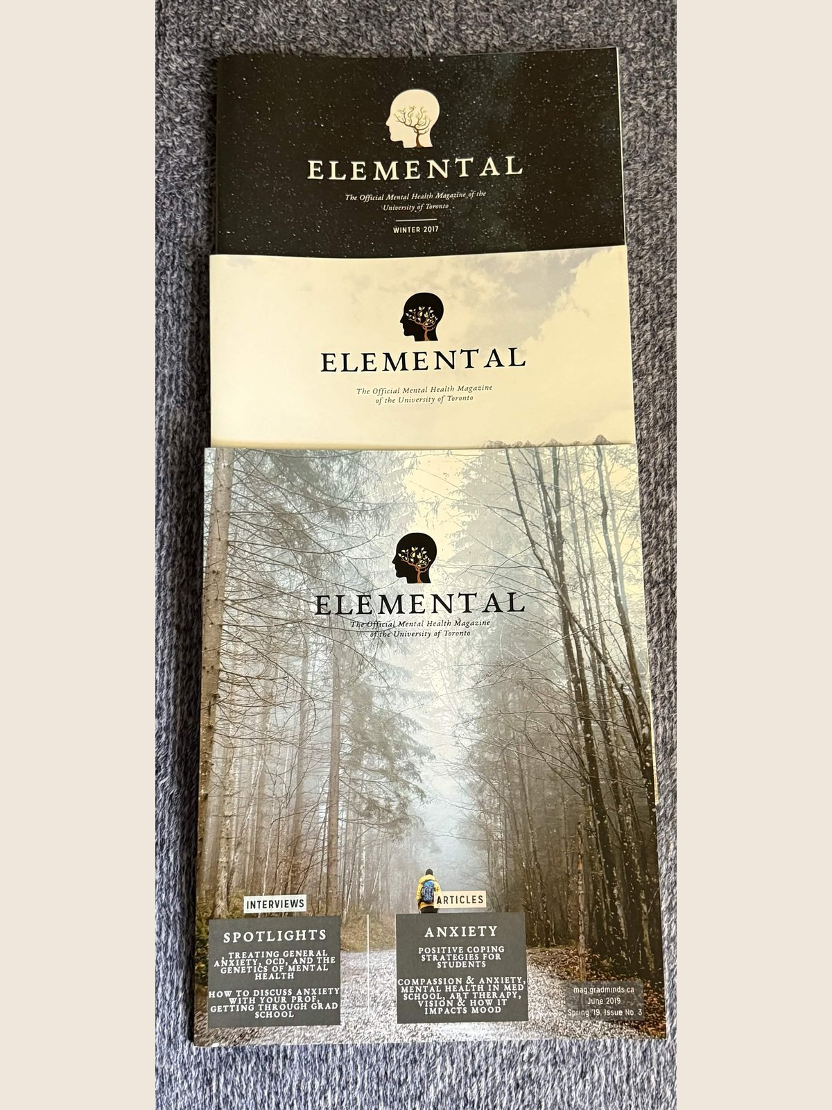 Three published issues of Elemental Magazine, founded and edited by Rachel Dragas
