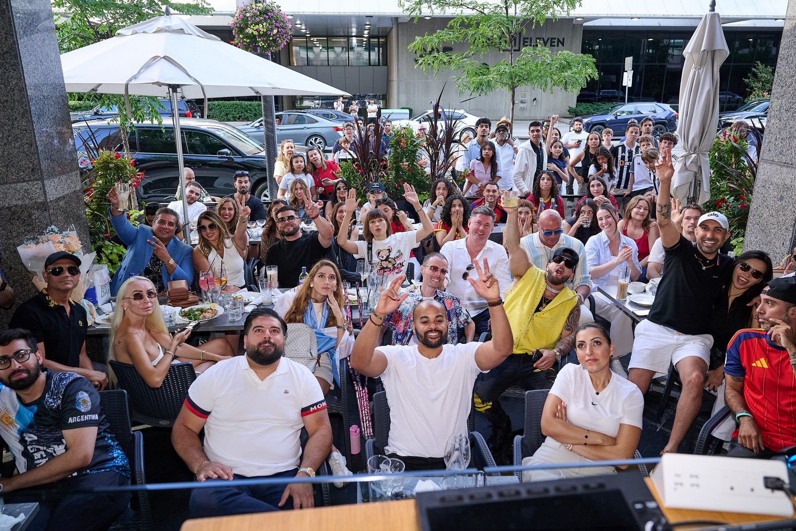 The full patio crowd at the FIFA World Cup Final watch party hosted by Rachel Dragas for SickKids at Vagabondo Restobar