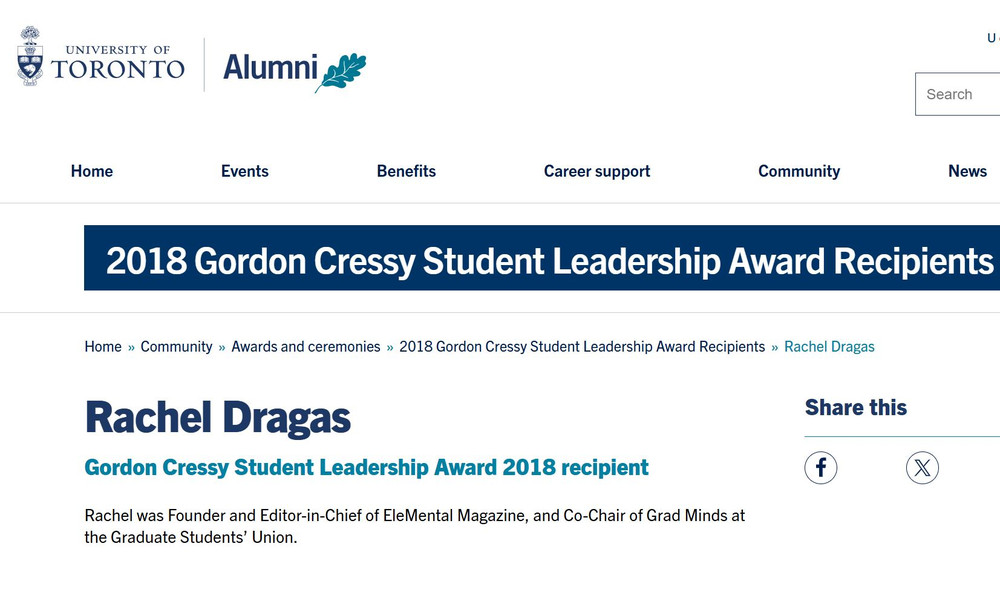 University of Toronto Alumni record listing Rachel Dragas as a 2018 Gordon Cressy Student Leadership Award recipient
