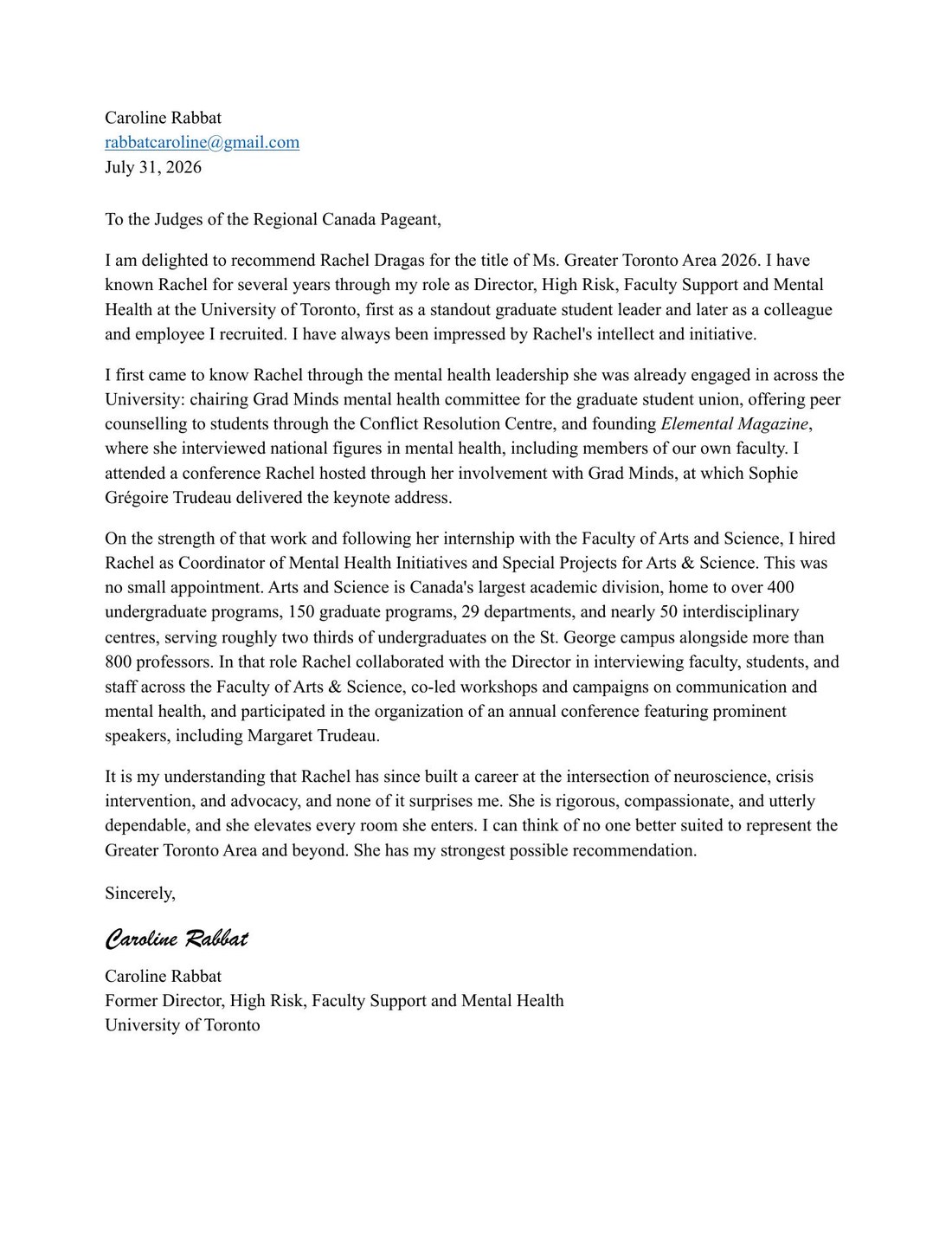 Signed letter of reference for Rachel Dragas from Caroline Rabbat, former Director of High Risk, Faculty Support and Mental Health at the University of Toronto, dated July 31 2026