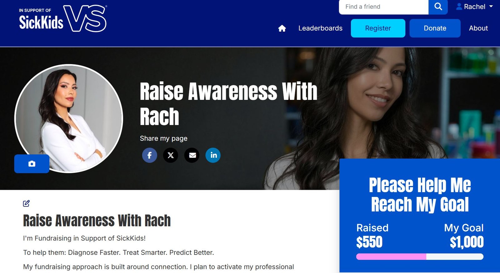 Rachel Dragas SickKids Foundation fundraising page, Raise Awareness With Rach, showing $550 raised against a $1,000 goal