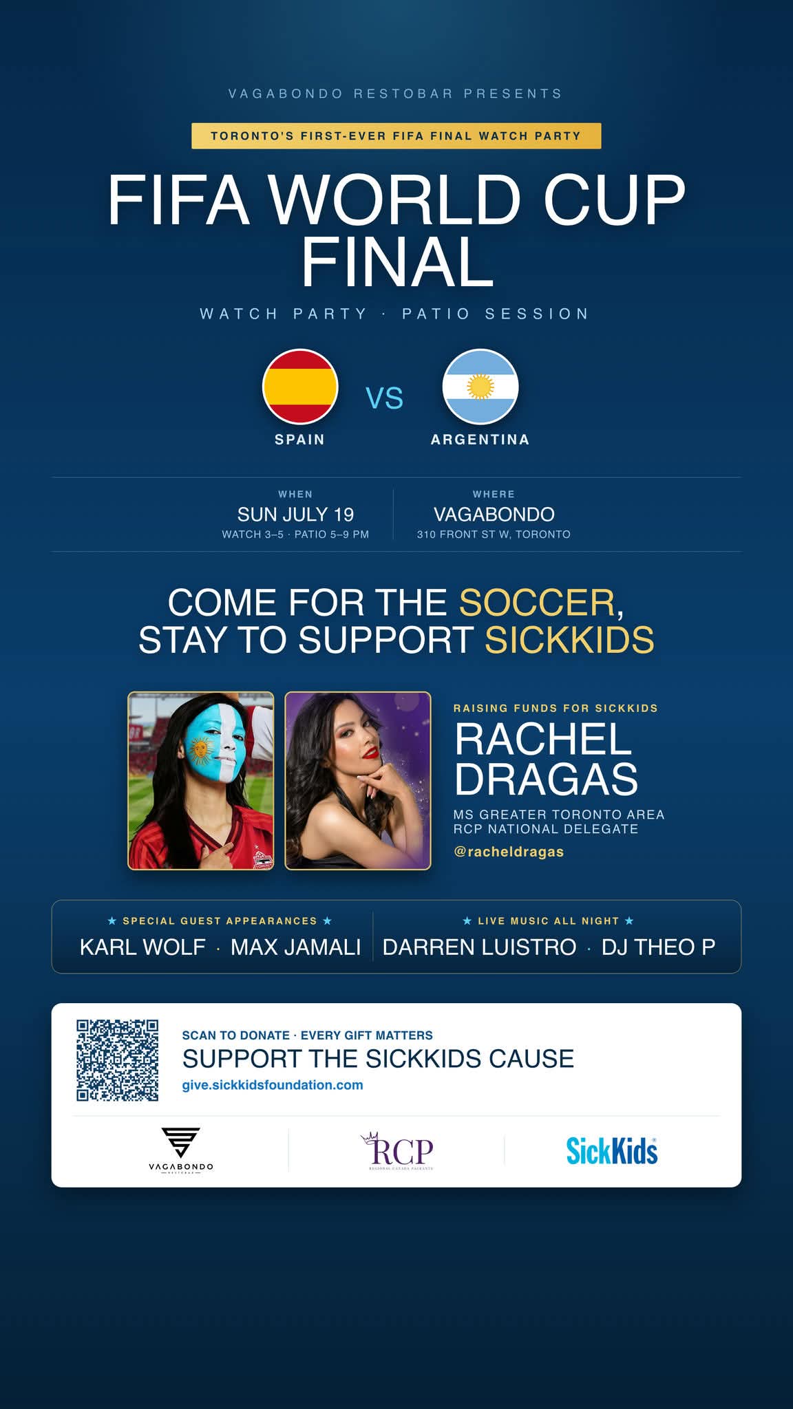 FIFA World Cup Final watch party flyer at Vagabondo Restobar supporting SickKids