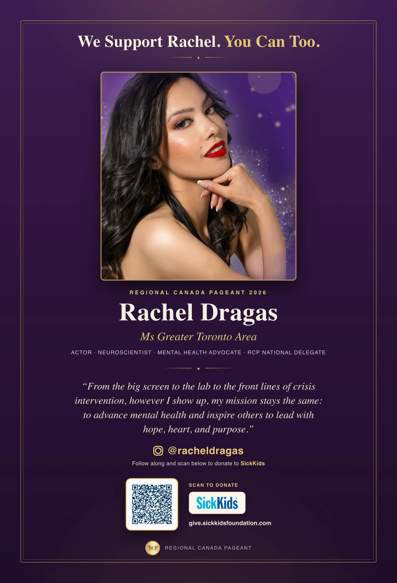 We Support Rachel. You Can Too. — Rachel Dragas, Ms Greater Toronto Area promotional card